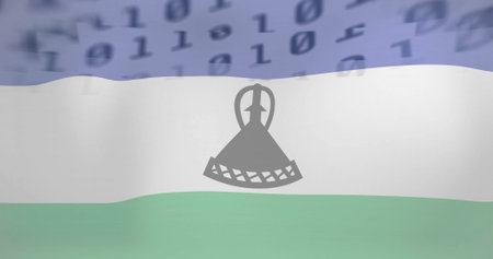 Displaying waving Lesotho flag illustration, featuring binary overlay and mokorotlo silhouette. Patriotism, technology, digital, cultural, emblem, modernization, symbolismの写真素材