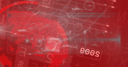 Rendering red globe with network lines and nodes on data panel, displaying waveforms inverted 2003. Technology, data visualization, futuristic, digital interface, cyber, analytics, innovationの写真素材