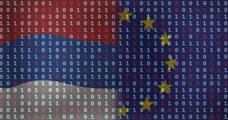 Streaming binary digits forming red blue white stripes in digital graphics, with 12 yellow stars. Digital, abstract, vibrant, modern, technological, patriotic, symbolicの写真素材