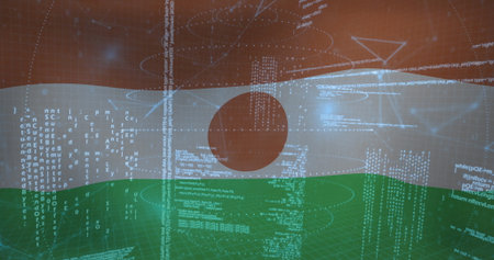 Displaying 3D Niger flag floating in cyberspace, streaming code, grid floor, translucent overlays. Hologram, digital, futuristic, interface, technology, abstract, dataの写真素材