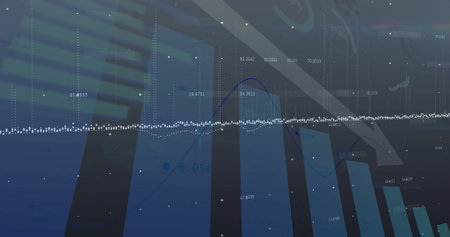 Displaying analytics UI with blue bars, waveform, line graph, labels, light streaks and grid lines. Technology, data, interface, visualization, analytics, dashboard, insightの写真素材
