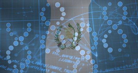 Showing torso silhouette overlapping Guatemala coat of arms in data grid, with glowing DNA helices....