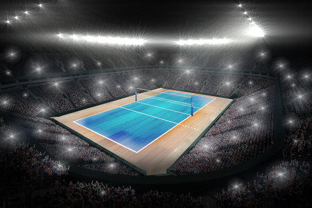 Blue tennis court with net is glowing under floodlights in packed sports arena, flat design. Stadium, spectators, competition, energy, atmosphere, sport, actionの写真素材