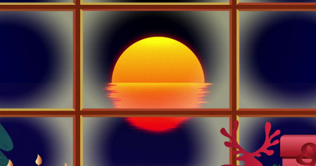 Sun reflecting on calm water through six-pane window, with plant, candles, coral ornament, gift box....