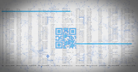 Displaying bright blue QR code overlaying translucent data columns in abstract network graphic. Technology, cybersecurity, data visualization, digital, network, futurism, informationの写真素材