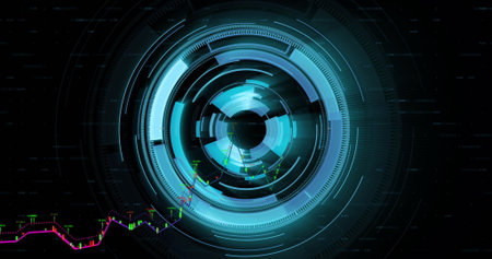 Displaying central circular HUD interface on virtual display, with candlestick chart and grid lines....