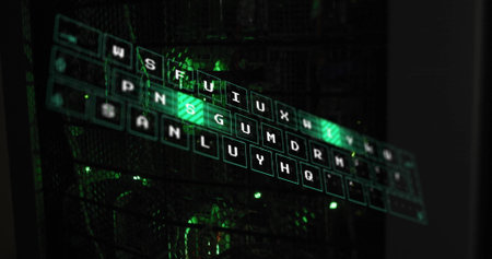 Floating holographic keyboard overlay glowing inside chassis, with mesh panel, LED fans and cables. Technology, cybersecurity, innovation, futuristic, electronics, server, data centerの写真素材