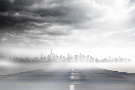 Flat design roadway is stretching toward foggy city skyline under storm clouds with lightning flash. Moody, atmospheric, dramatic, urban, weather, landscape, cinematicの写真素材