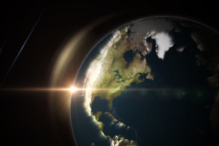 Earth emerging in space 3D render, featuring clouds, atmospheric glow and solar lens flare streaks. Astronomy, planetary, celestial, universe, exploration, sci-fi, digitalartの写真素材