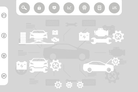Grayscale flat infographic is showing automotive diagnostics workflow around central car silhouette. Technology, automotive, engineering, mechanics, vehicle, digital, maintenanceの写真素材