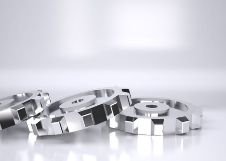 Three metal gears are reflecting light in 3D render on glossy white gradient background. Industrial, machinery, technical, engineering, technology, precision, reflectiveの写真素材