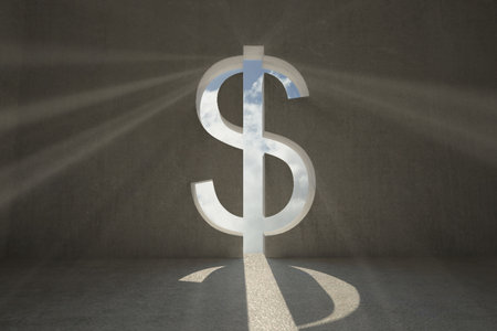3D render is showing dollar sign cutout casting sunlight beams over concrete floor under cloudy sky. Industrial, minimalism, architectural, financial, symbolic, dramatic, modernの写真素材