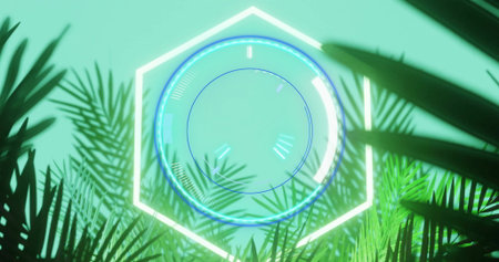 Animating hexagon and circular HUD rotating in virtual environment, with palm and fern silhouettes. Futuristic, technology, abstract, interface, digital, vibrant, ecoの写真素材