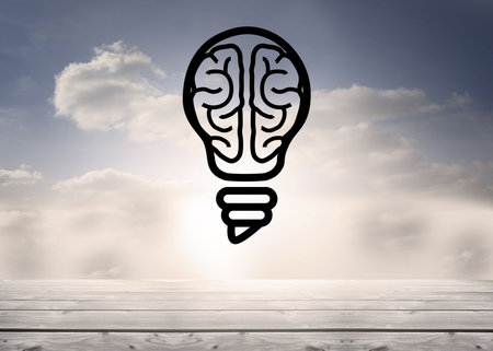 Illustration of brain inside a bulb against the sky