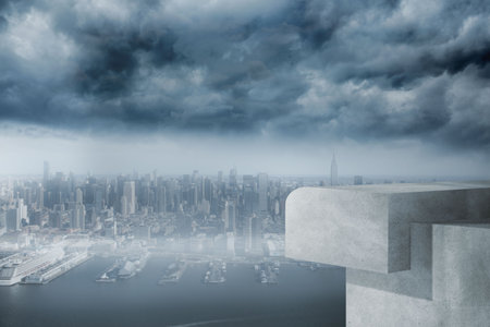 Concrete platform is overlooking harbor in vector art with docks cruise port misty stormy skyline. Urban, landscape, minimalist, industrial, moody, panoramic, scenicの写真素材