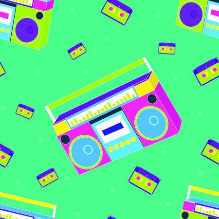 Square image of retro tape cassettes and tape players on bright green background with copy space. Music, colour, retro fashion and communication background concept digitally generated image.の写真素材