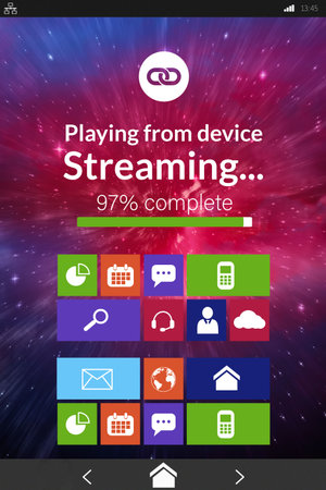 Digitally composite image of various computer icons with progress bar on device screen