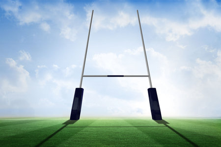 Flat design illustration is showing rugby goalposts standing on grass field under cloudy blue sky. Sports, outdoor, minimalist, teamwork, recreation, athletic, ambientの写真素材