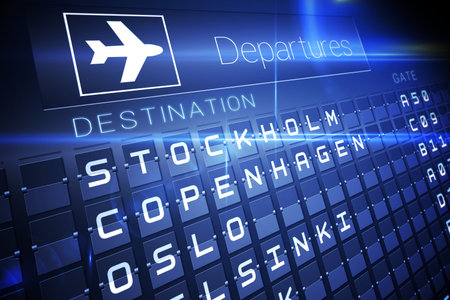 Digitally generated blue departures board for nordic citiesの写真素材