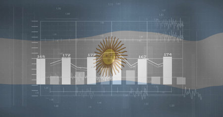 Displaying bar chart and line graph overlaying Argentina flag stripes, with sun crest and grid. Data visualization, financial analytics, digital dashboard, business intelligence, economic trends, abstract interface, modern designの写真素材