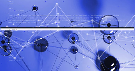 Displaying black and translucent spheres linked by lines in blue gradient space, with code overlay. Futuristic, digital, technology, network, abstract, connectivity, visualizationの写真素材