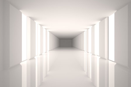 Depicting futuristic white corridor featuring glowing vertical panels and glossy floor in 3D render. Futuristic, minimalist, sleek, modern, reflective, high-tech, architecturalの写真素材