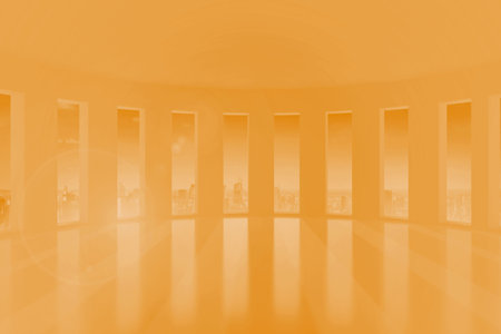 Spacious high-rise interior is showcasing wraparound windows and floor reflections in 3D render. Contemporary, architectural, minimalist, urban, sleek, sophisticated, environmentの写真素材