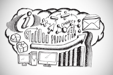 Hand-drawn sketch is illustrating cloud filled with tech icons plus upward arrow and bar charts. Innovation, digital, abstract, data, connectivity, strategy, analyticsの写真素材