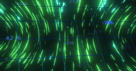 Displaying glowing green flow streaks swirling in 3D grid, with grid lines and numeric labels. Futuristic, technology, abstract, data, visualization, digital, innovationの写真素材