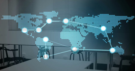 Displaying dotted world map graphic over conference room window, showing glowing nodes and lines....
