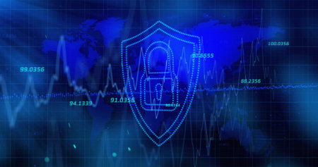 Showing shield icon with padlock, pulsating in cyber grid with world map, pulse line and numbers....