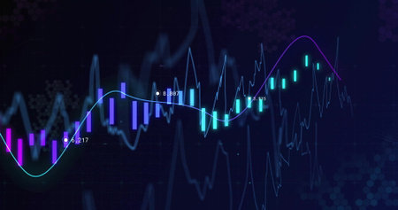 Displaying financial chart with purple, aqua candlestick bars on dark interface with data markers. Analytics, data visualization, technology, financial industry, dashboard, digital interface, futuristicの写真素材
