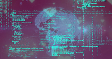 Digital globe floating in virtual network interface, with code, binary digits and shield icons....