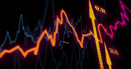 Displaying orange line crossing blue line with magenta line, yellow bars and grid lines on screen. Data analytics, financial technology, data visualization, digital interface, investment, business intelligence, modern designの写真素材