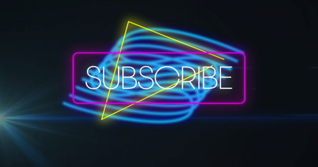 Neon-lit SUBSCRIBE sign glowing in studio backdrop, with blue swirls and magenta yellow borders. Modern, vibrant, futuristic, technology, digital art, graphic design, advertisementの写真素材