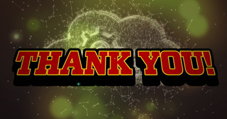 Displaying stylized THANK YOU! text glowing in virtual space, with network shape and bokeh spots. Digital, futuristic, modern, technology, abstract, cyber, neonの写真素材