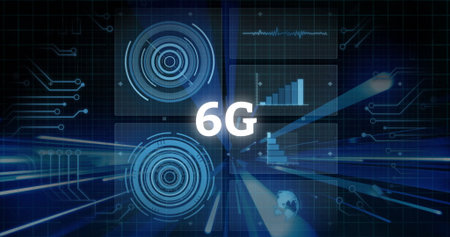 Displaying 6G text in digital network, grid overlay, HUD panels, waveform and bar chart, globe icon....