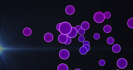 Floating neon purple circles drifting in abstract digital space, with blueish lens flare streak. Futuristic, vibrant, minimalism, abstract, digitalart, sci-fi, neonglowの写真素材