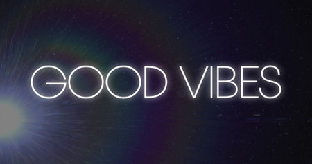 Glowing neon GOOD VIBES text creating cosmic atmosphere in dark backdrop, with lens flare effect. Neon, cosmic, abstract, vibrant, futuristic, motivational, digital artの写真素材