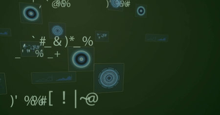 Floating widget displaying blue radial graphic in data dashboard, with line chart and code symbols....