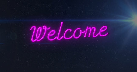 Floating neon 'Welcome' sign glowing in cosmic night sky, with star field and bright lens flare. Neon, celestial, vibrant, immersive, futuristic, atmospheric, digitalの写真素材