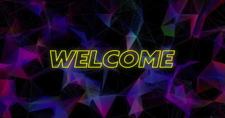 Displaying neon yellow outlined WELCOME text on dark backdrop, with translucent network shapes....