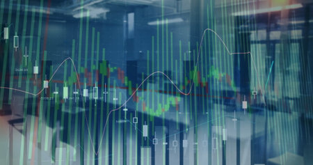 Displaying financial chart overlay in office: desks, candlesticks, histogram, trend line, labels....