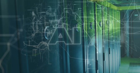 Highlighting server cabinets streaming circuit graphics in server room corridor, with AI overlay....