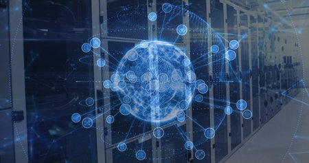 Projecting holographic globe with network nodes in data center corridor, with server racks and LEDs....
