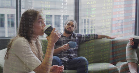 Woman in cream sweater sipping coffee from paper cup at office lounge, data overlay, copy space....