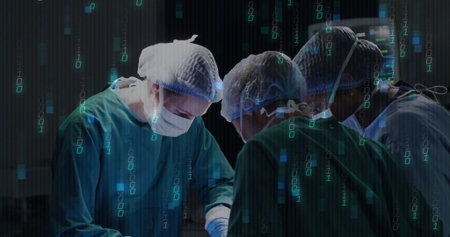 Operating surgical team in green gowns performing procedure in OR, with data overlay visuals. Medical, innovation, technology, collaboration, precision, healthcare, diagnosticsの写真素材