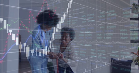 Nurse in blue scrubs supporting woman using red walker in living room, with financial chart overlay....