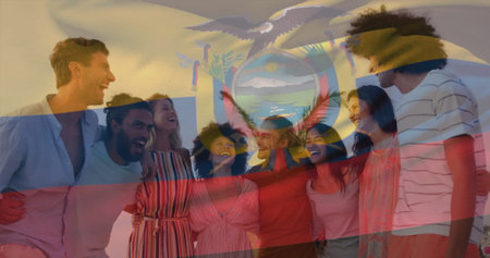 Standing friends wearing summer clothes embracing on beach at sunset, with Ecuadorian flag overlay. Celebration, camaraderie, leisure, relaxation, unity, festive, scenicの写真素材