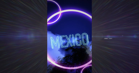 Showing neon text MEXICO inside intersecting purple rings on poster with palm trees, drifting mist. Futuristic, vibrant, abstract, nightlife, tropical, luminous, energeticの写真素材